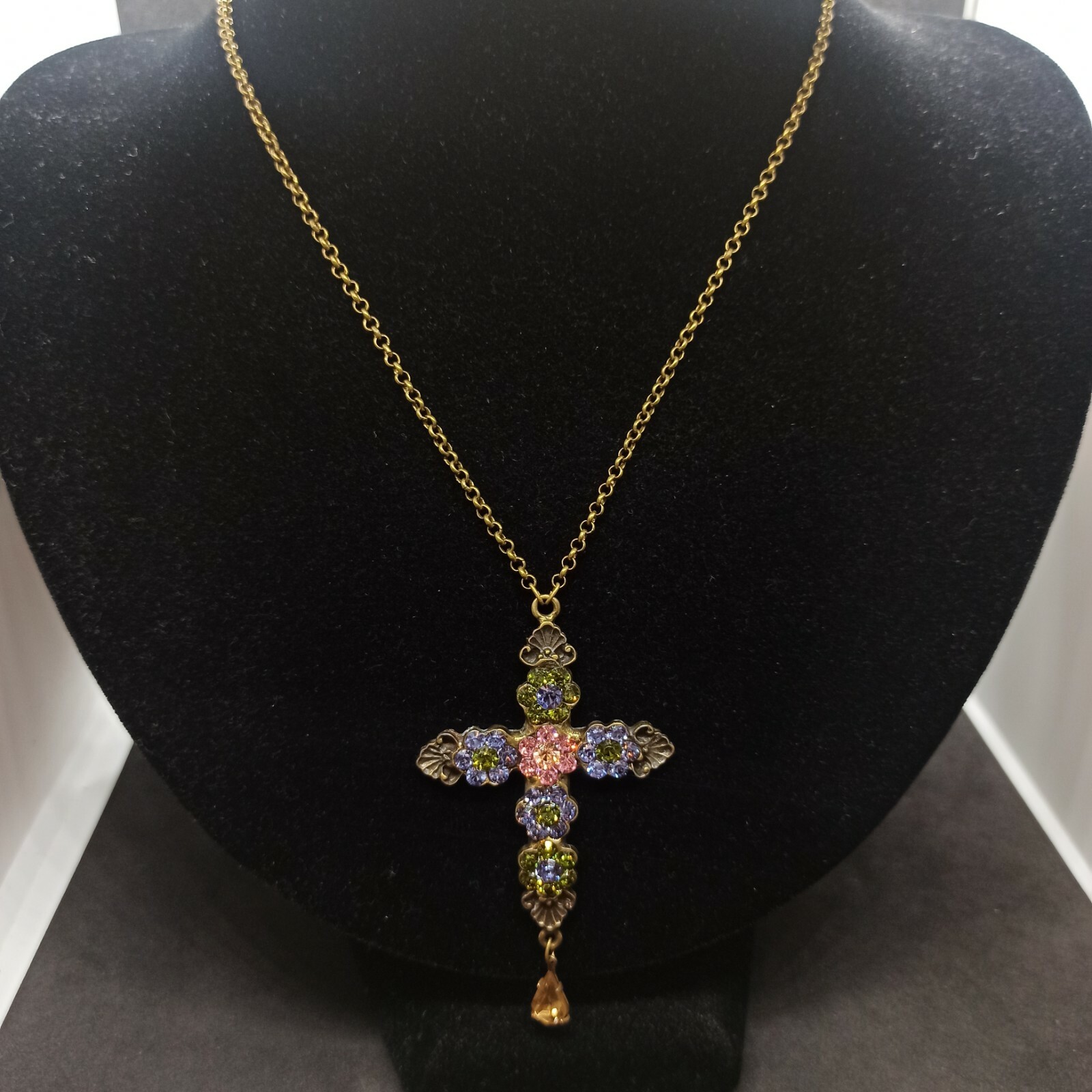 Michal Negrin Cross Necklace Purple Flower Pendant & Swarovski Crystals Gift New