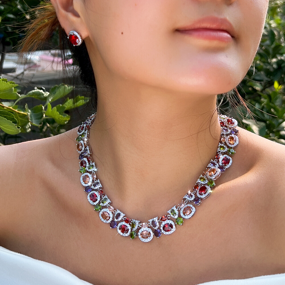 Multicolor Oval Geometric Necklace Earrings Silver Plated CZ Bridal Jewelry Set