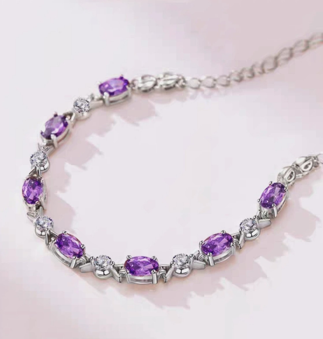Elegant Purple+Clear Zircon Chain Link Splice Chain Bracelet Lobster w/Extended