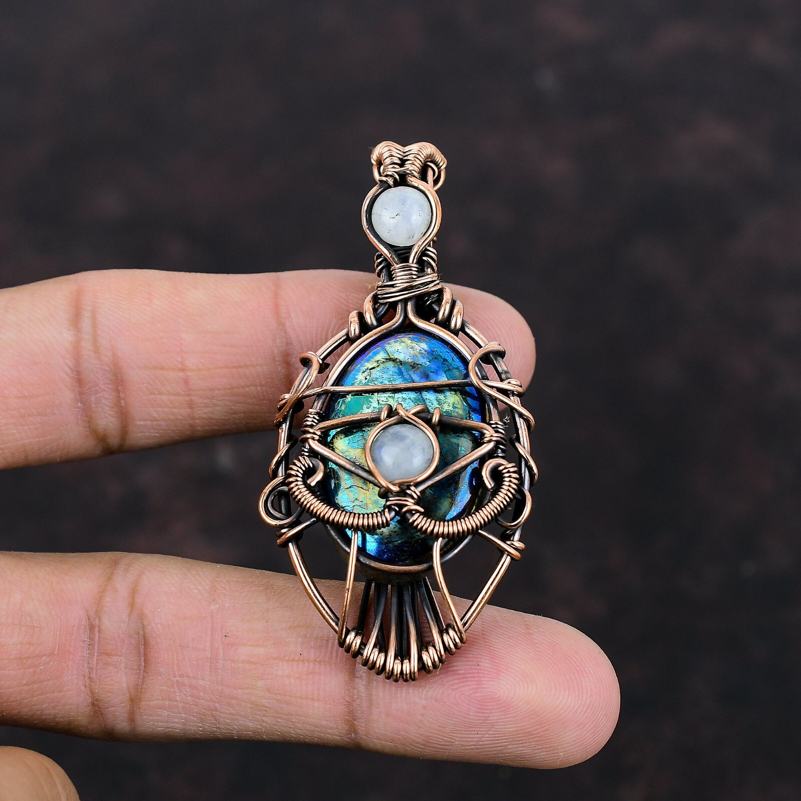 Mystic Fire Labradorite Copper Gift For Love Wire Wrapped Evil Eye Pendant 2.6″