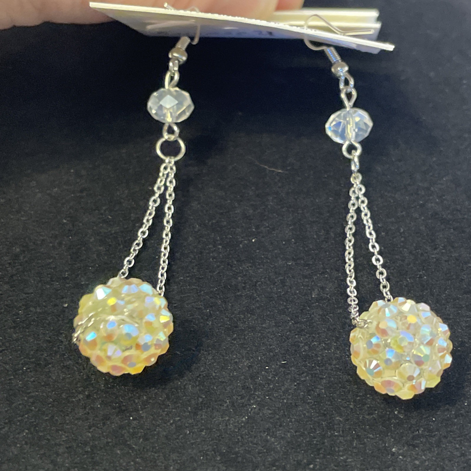 Sparkle White Disco Ball Shamballa Dangle Earrings Silver Tone 3.5 in Chain Drop