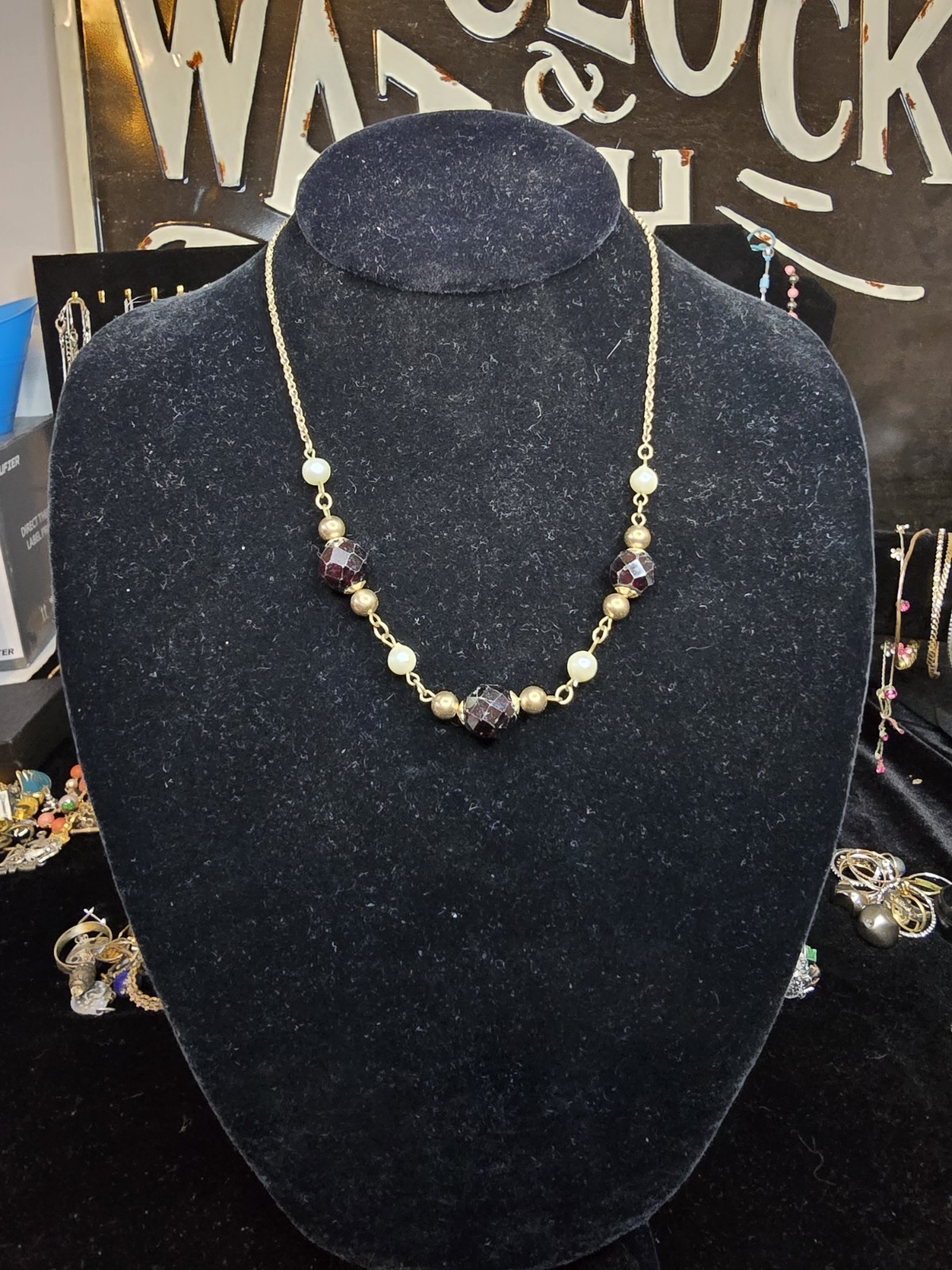 12-20 Gold Filled Dainty Chain Freshwater Pearl & Oxblood Necklace 16in 11.5g tw