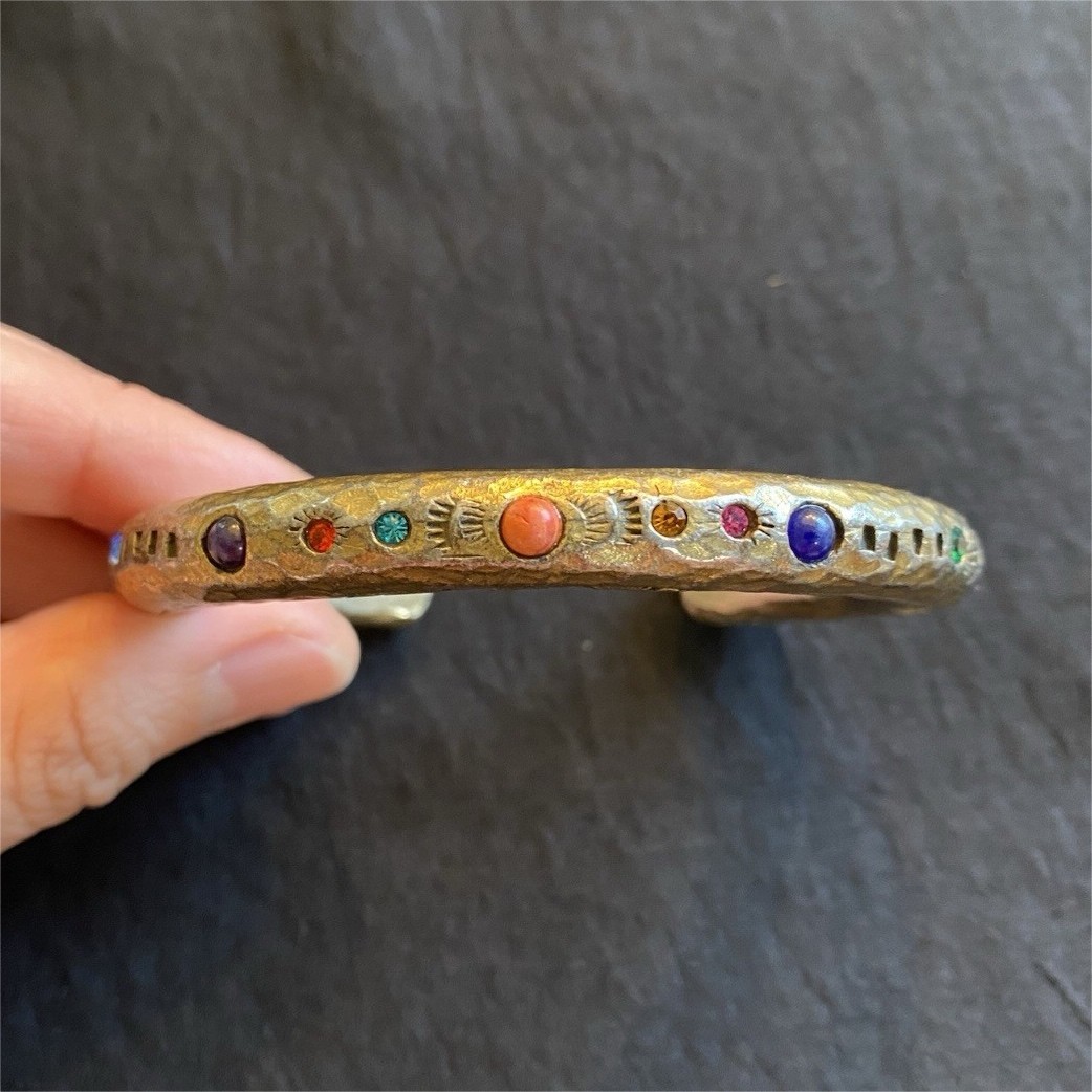 Vintage Patricia Locke Light Gold Tone Multicolor Crystal Cuff Bracelet Signed