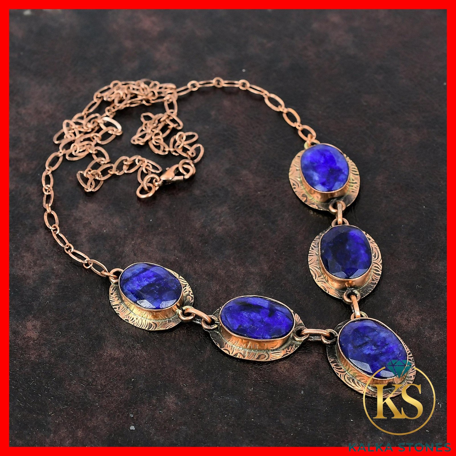 Copper Natural Blue Saphire Engagement Trendy Birthday Handmade Bezel Necklace