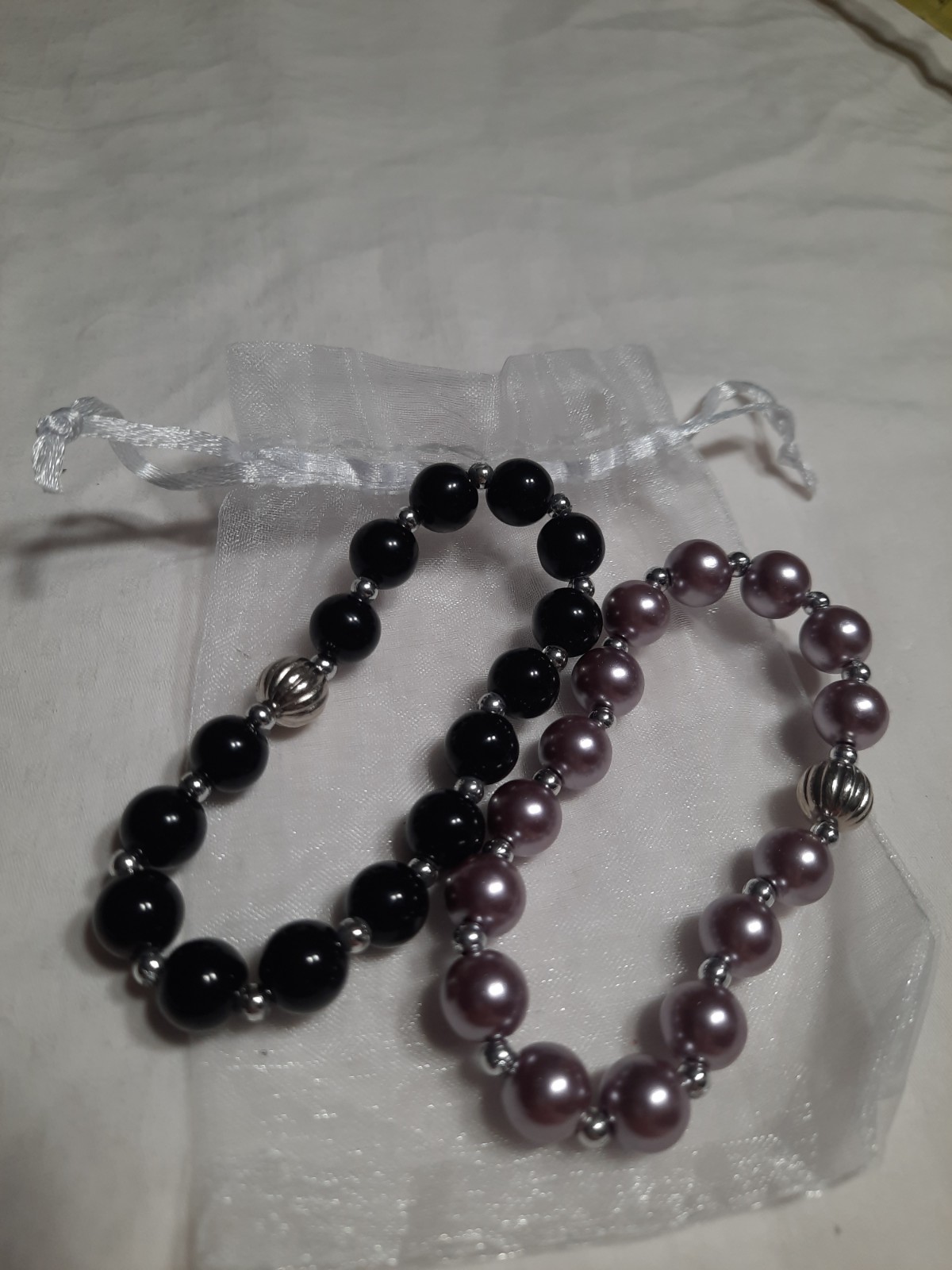 2 Beautifu Beadl Bracelets – black And Silver And Lavender And Silver. Unbranded