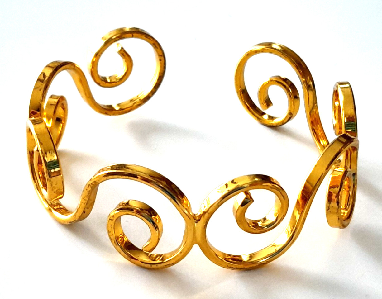 Gold Tone Open Work Curlicue Beautiful Metal Open Cuff Bracelet Fits Average 7″