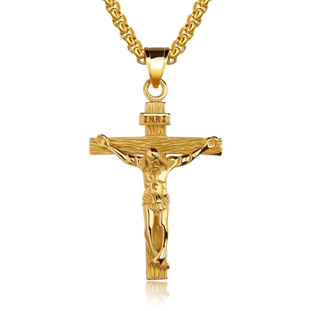 Men Stainless Steel Jesus Christ Crucifix Cross Pendant Chain Necklace