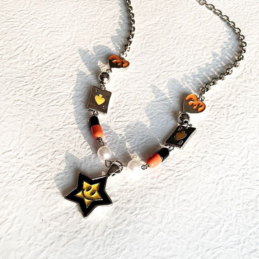 Silver Charm Necklace Star Smile Heart Card Pillar Bead Imitation Pearl Jewelry