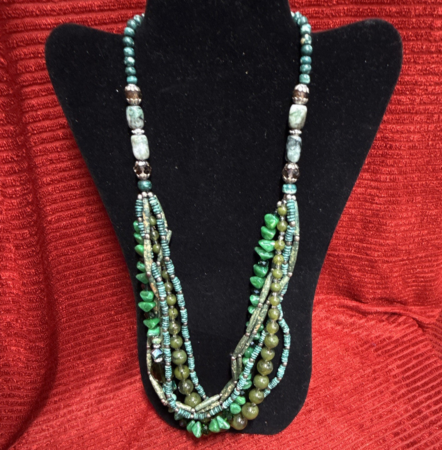 Green Multi-Strand Beaded Necklace Silver Tone Cross Charm, Adjustable Lobster