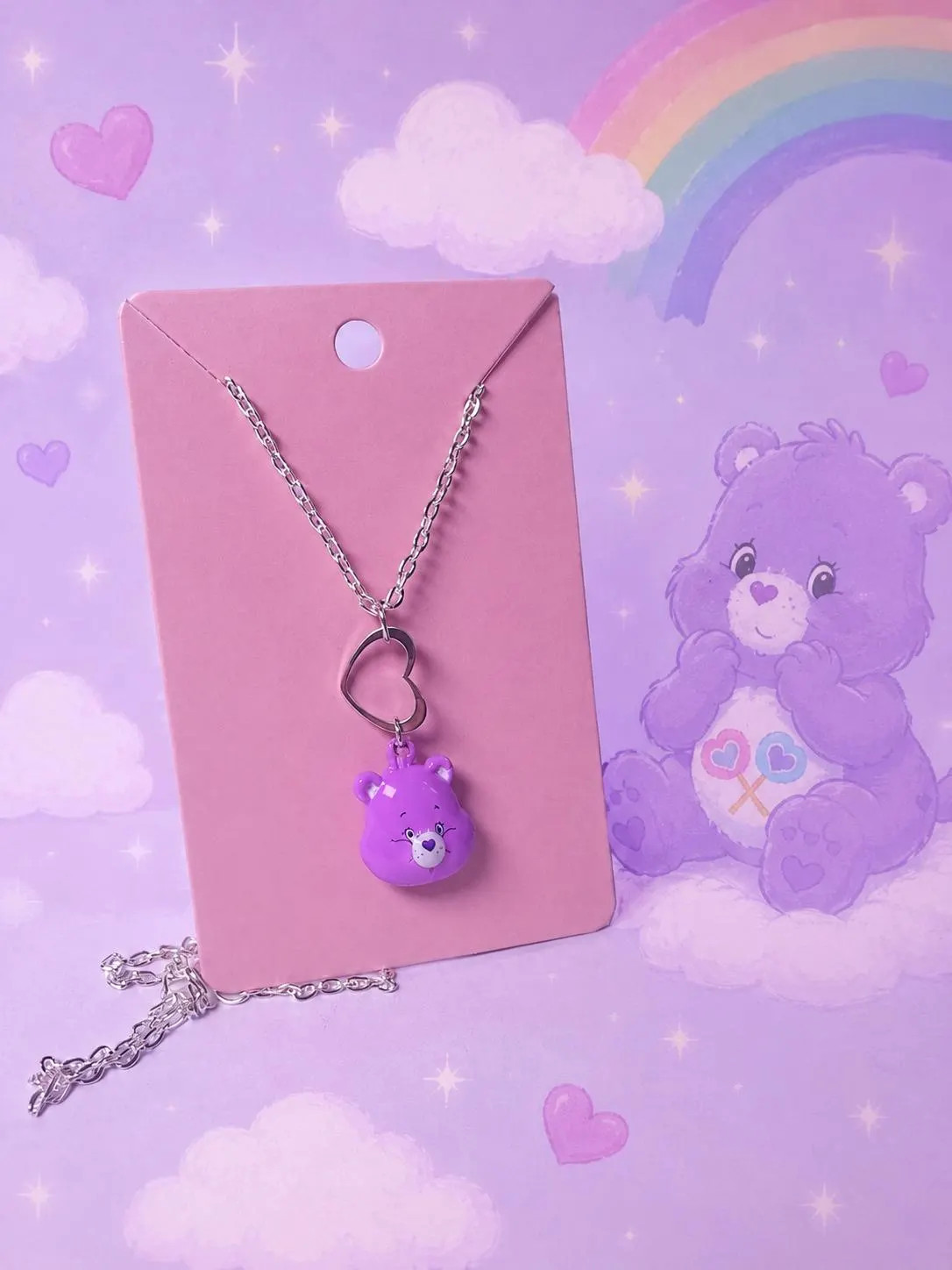 Purple Cheer Bear Inspired Necklace | Handmade Kawaii Bear Pendant | Silver Tone