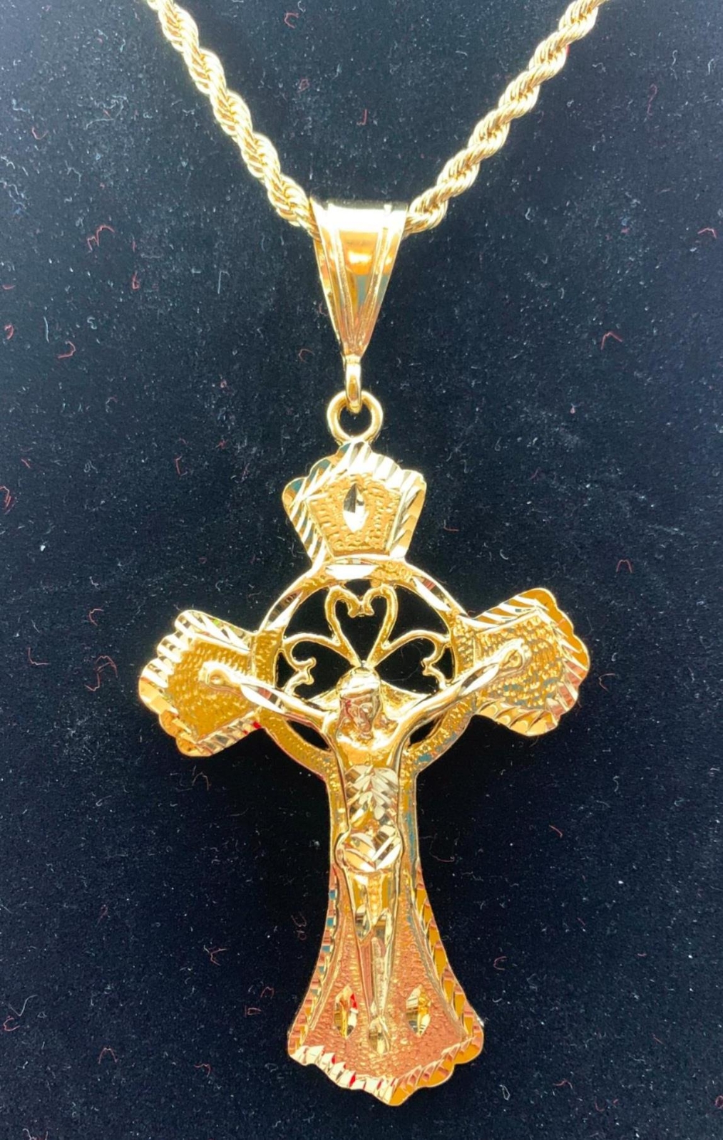 14KT GOLD PLATED HUGE CRUCIFIX CROSS 4+ INCHES CHARM W/16″-30″ 4MM ROPE -8501