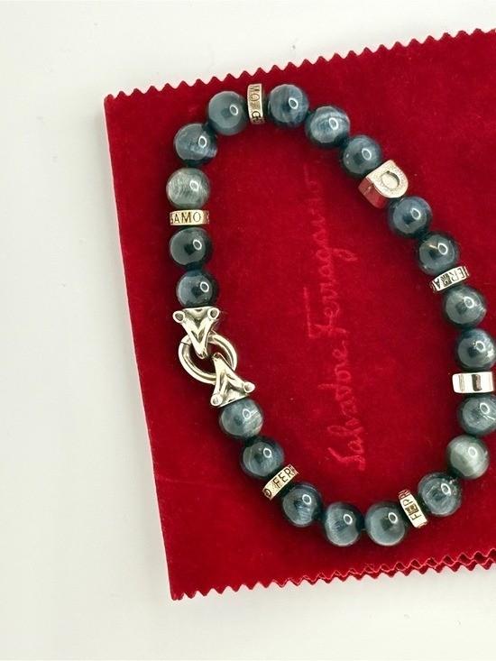 Ferragamo Semi Precious Stone Silver-Tone Blue Beaded Gancini Bracelet NEW
