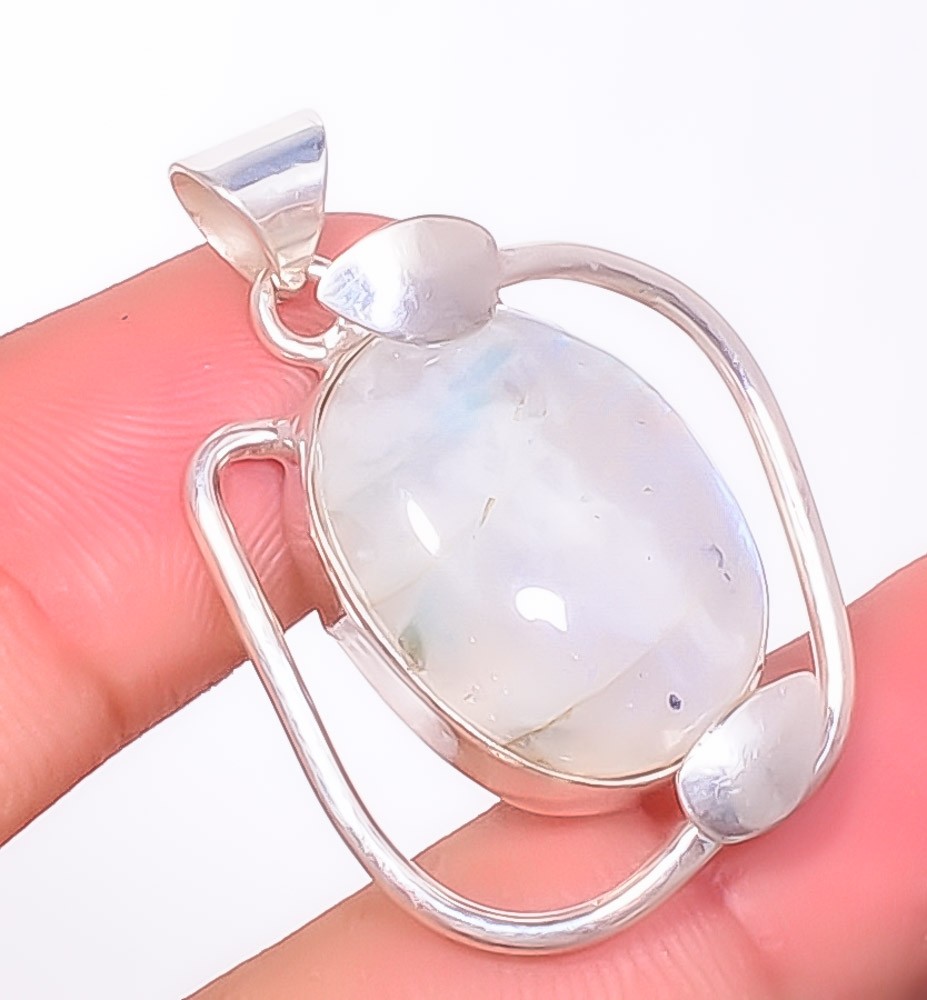 Natural Rainbow Moonstone – Bihar 925 Silver Plated Pendant 1.56″ S2688