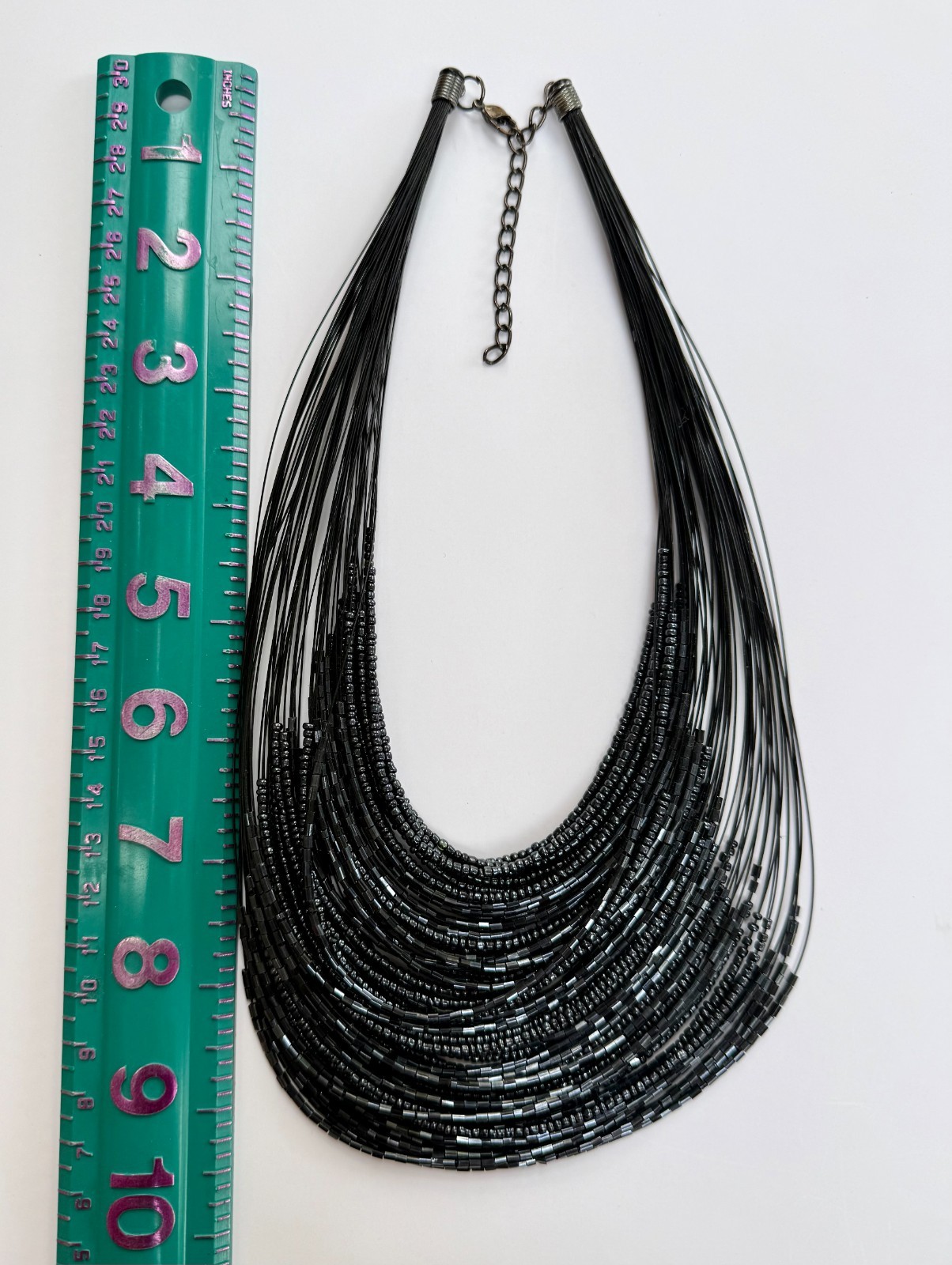 Black Bead Necklace multistrand layered glass tube and seed beads boho 15″