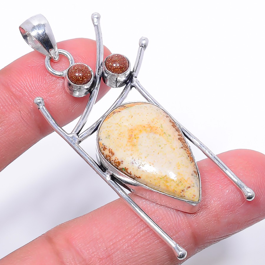 Natural Picture Jasper, Golden Sunstone 925 Silver Plated Pendant 2.34″ P30935