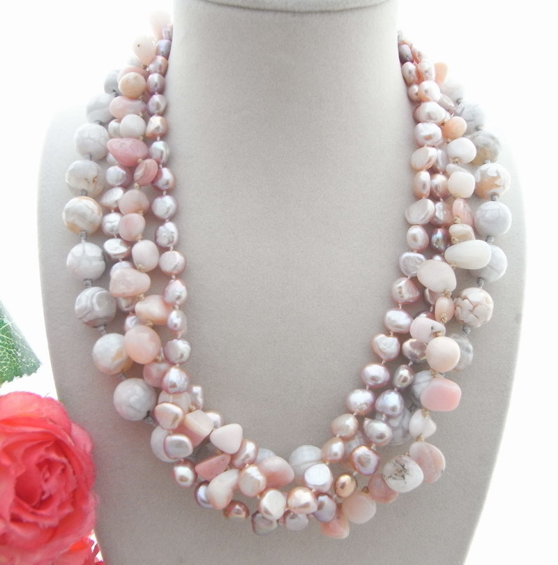 Purple Pearl Necklace Pink Opal White Agate 4 rows Strands 18″