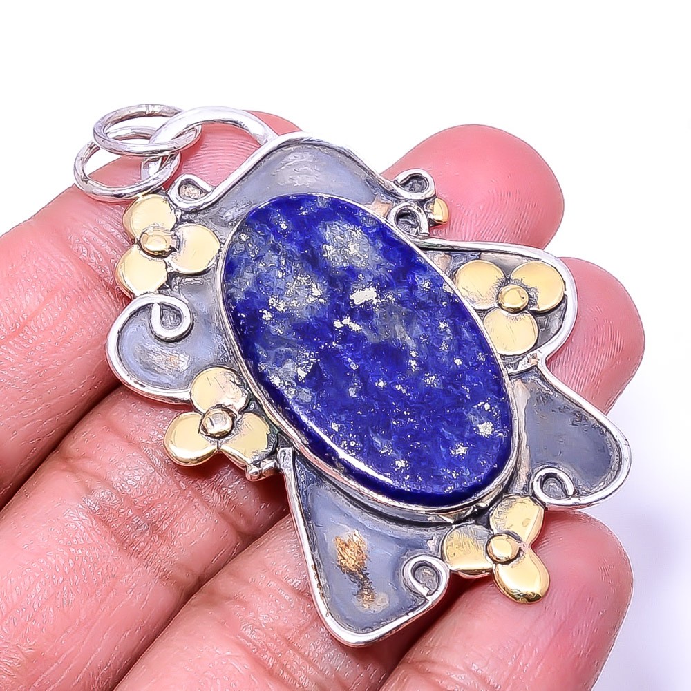 Natural Lapis Lazuli – Afghanistan Two Tone Gemstone 925 Silver Pendant 2.34″ P2
