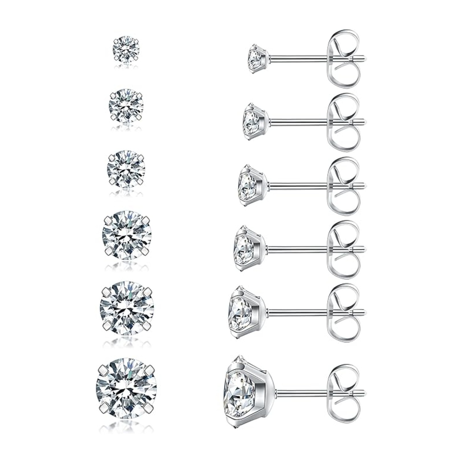 6 Pairs CZ Stud Earrings Set Hypoallergenic Stainless Steel Earrings(3-8mm)
