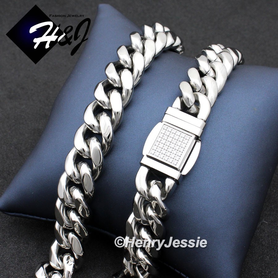 18″-40″MEN Stainless Steel 12mm Silver ICY CZ Miami Cuban Curb Necklace*N175