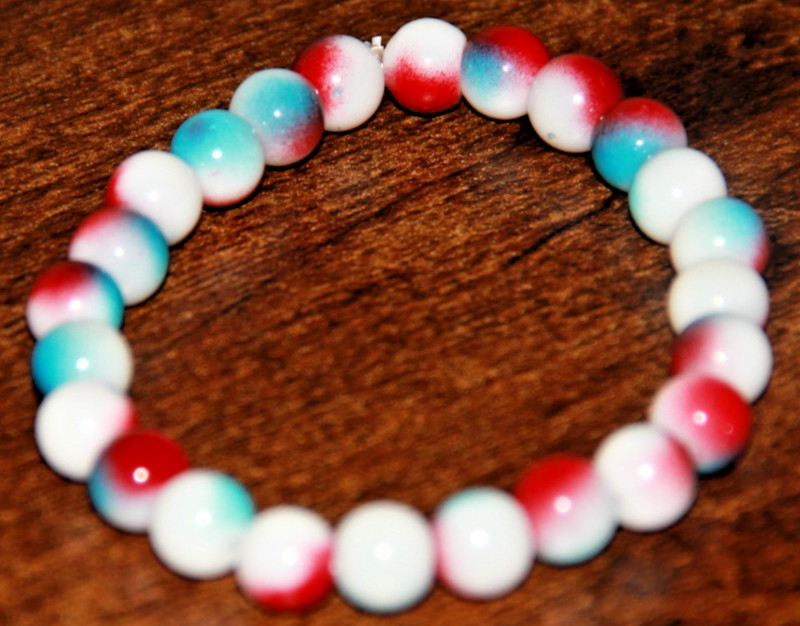 White Red Teal Splotch Round Glass Bead Stretch Bracelet Fashion Jewelry Boho