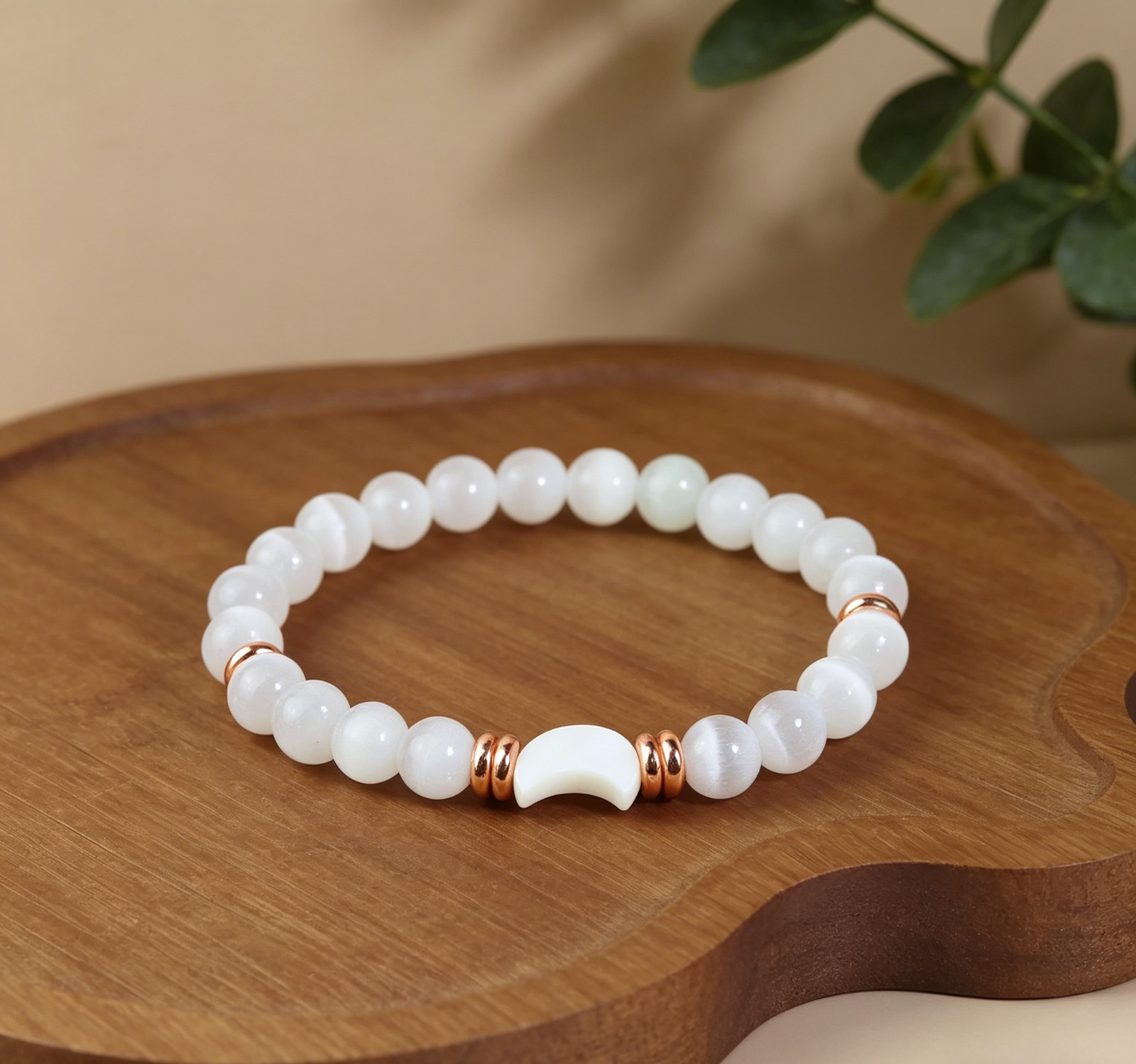 Selenite & MOP Moon Stretch Bracelet | Cleansing Energy Spiritual Jewelry Gift