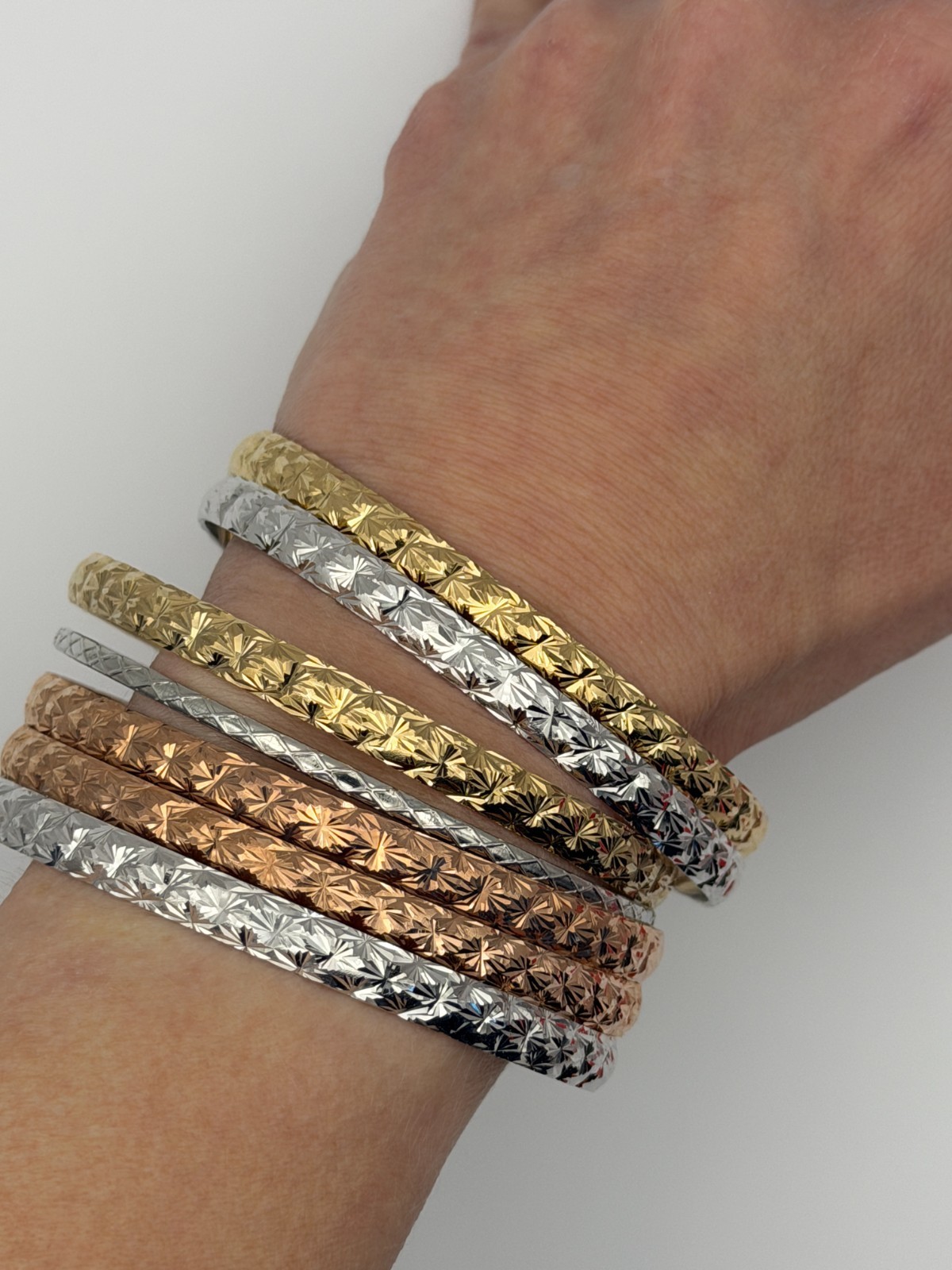Diamond Cut Gold Tone Bangle Bracelets Set Mixed Metal Statement Stack Lot
