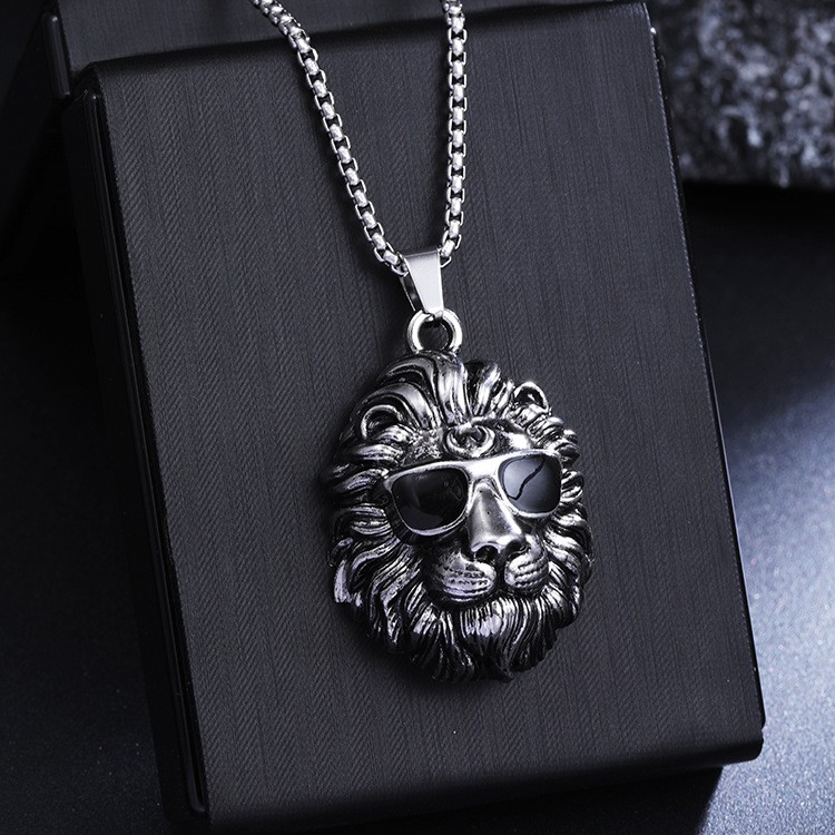 Cool Sunglasses Lion Head Necklace Stainless Steel 60cm Box Chain