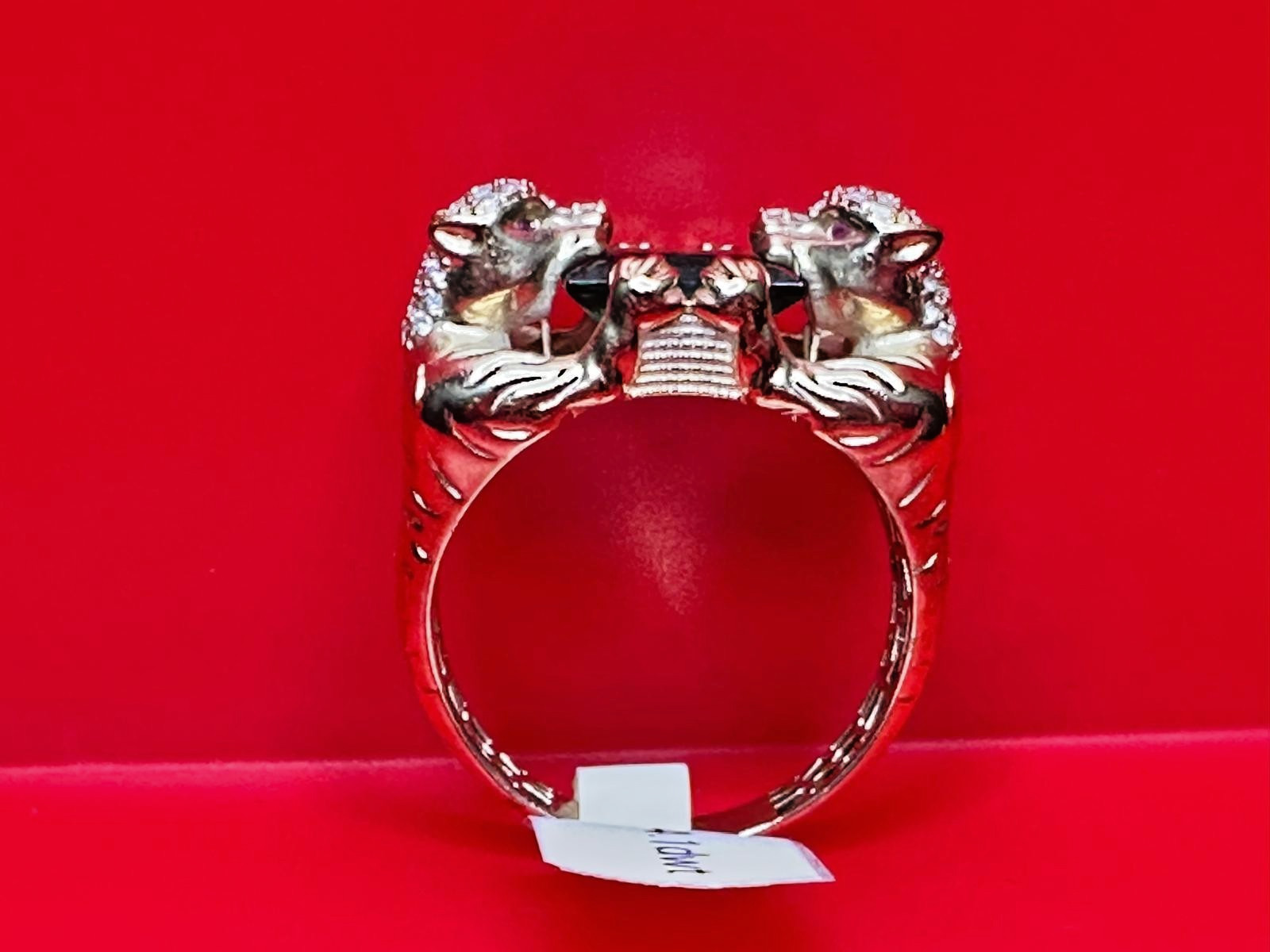 10K Double Panther Head Ring With Green Topaz Stone