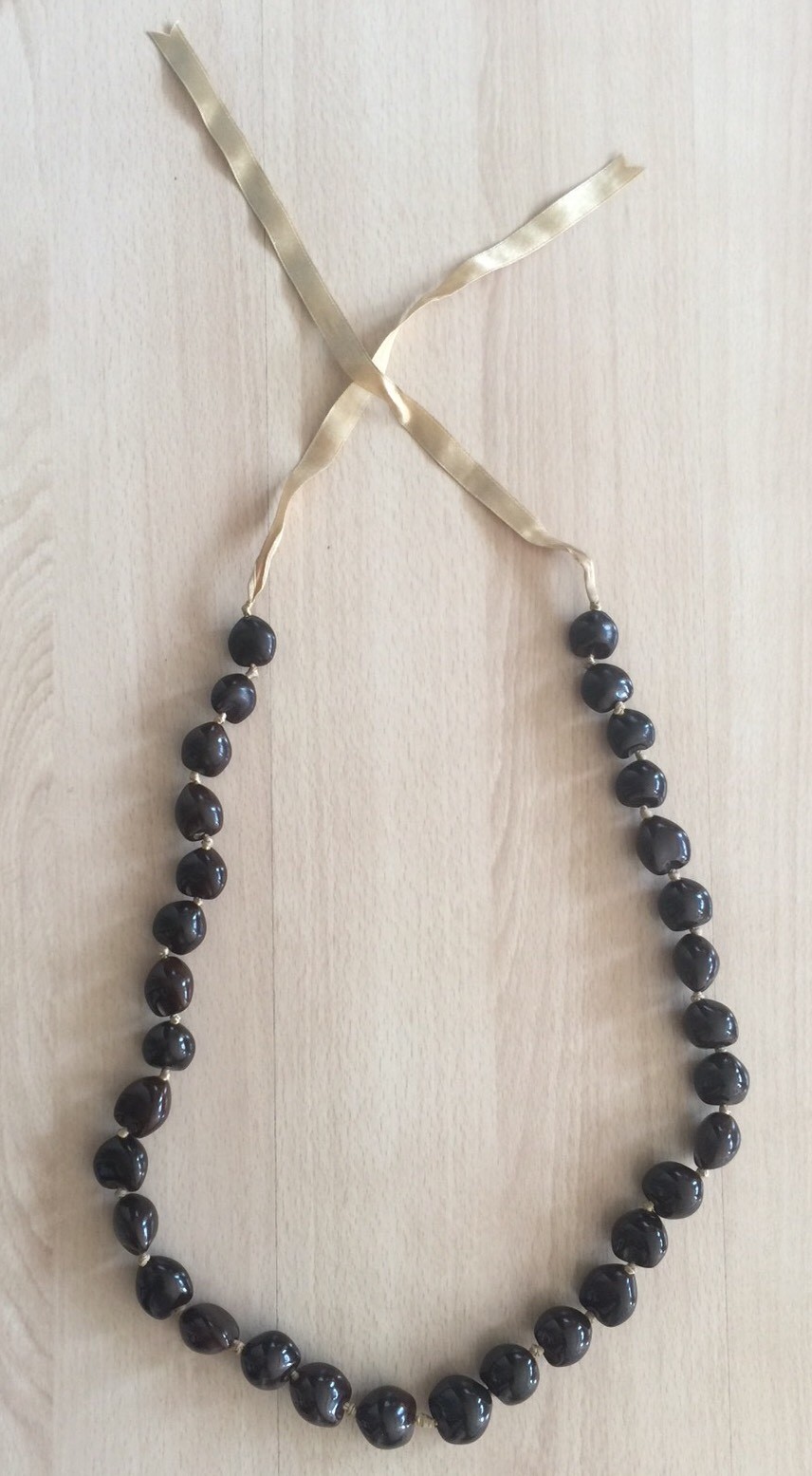 Kukui Hawaiian Lei Brown Necklace on Beige Ribbon from Hawaii