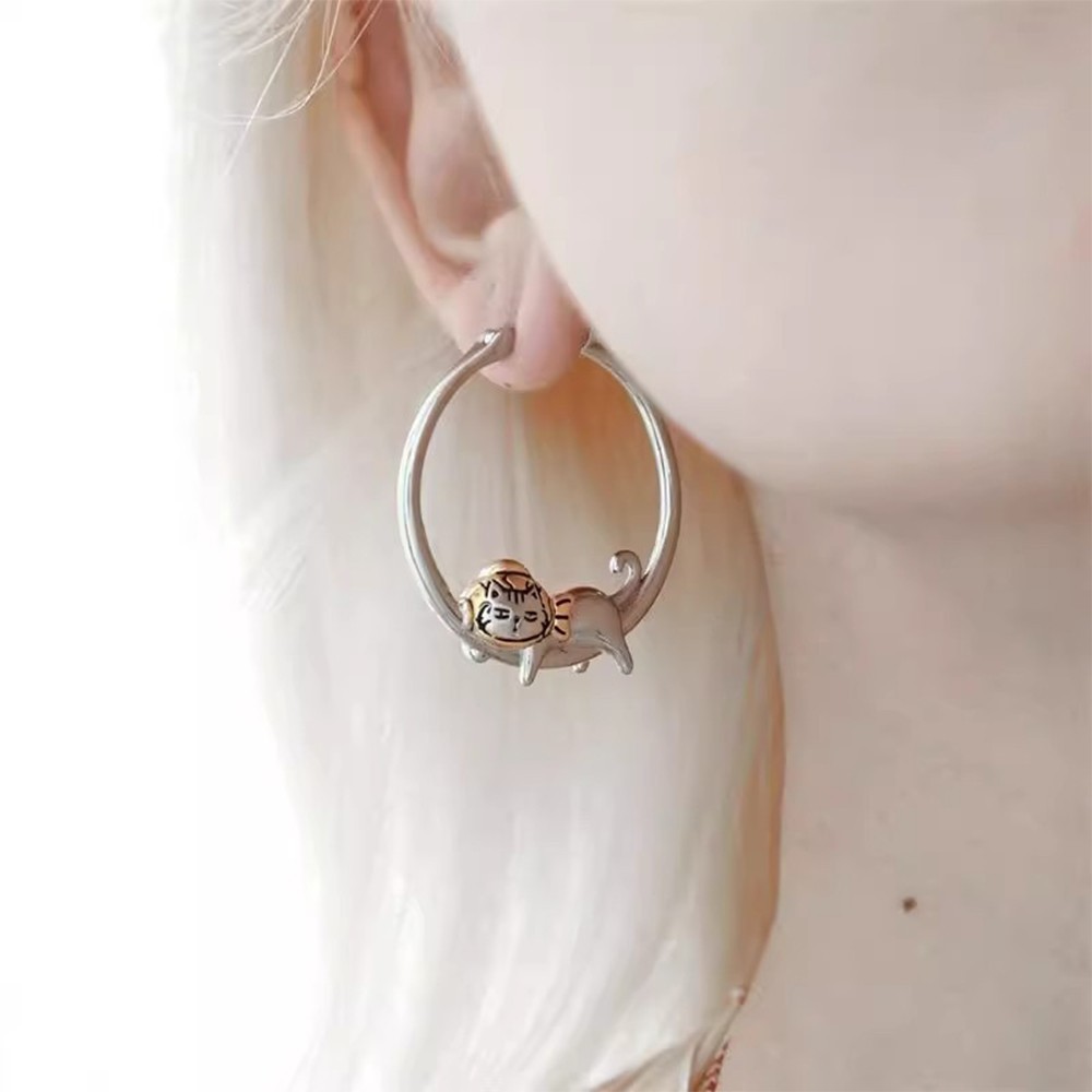 Silver Round Hoop Earrings Sleeping Cat Cute Animal Earring for Women Gifts NEW