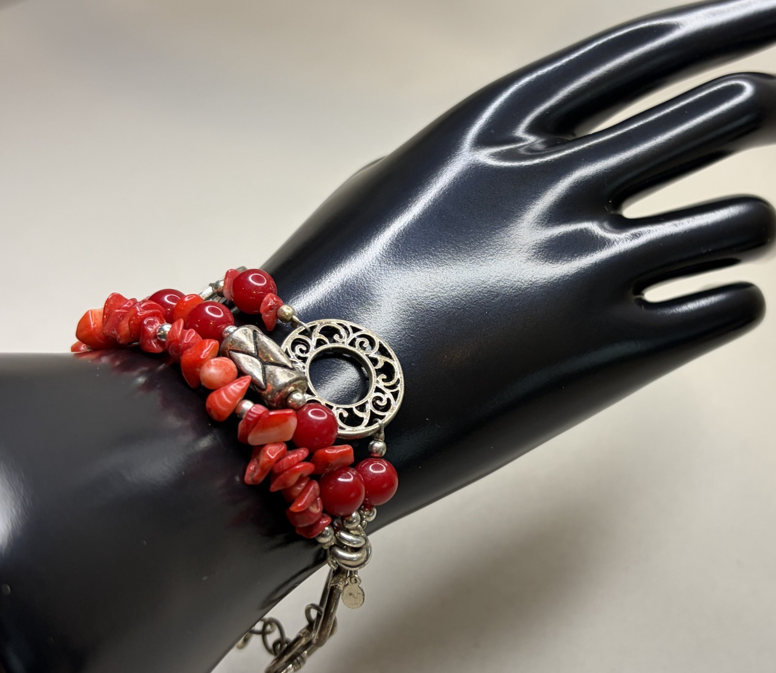 Signed Chico’s Multi Strand Red Coral Chip Bead Toggle Bracelet Silver Tone 8″