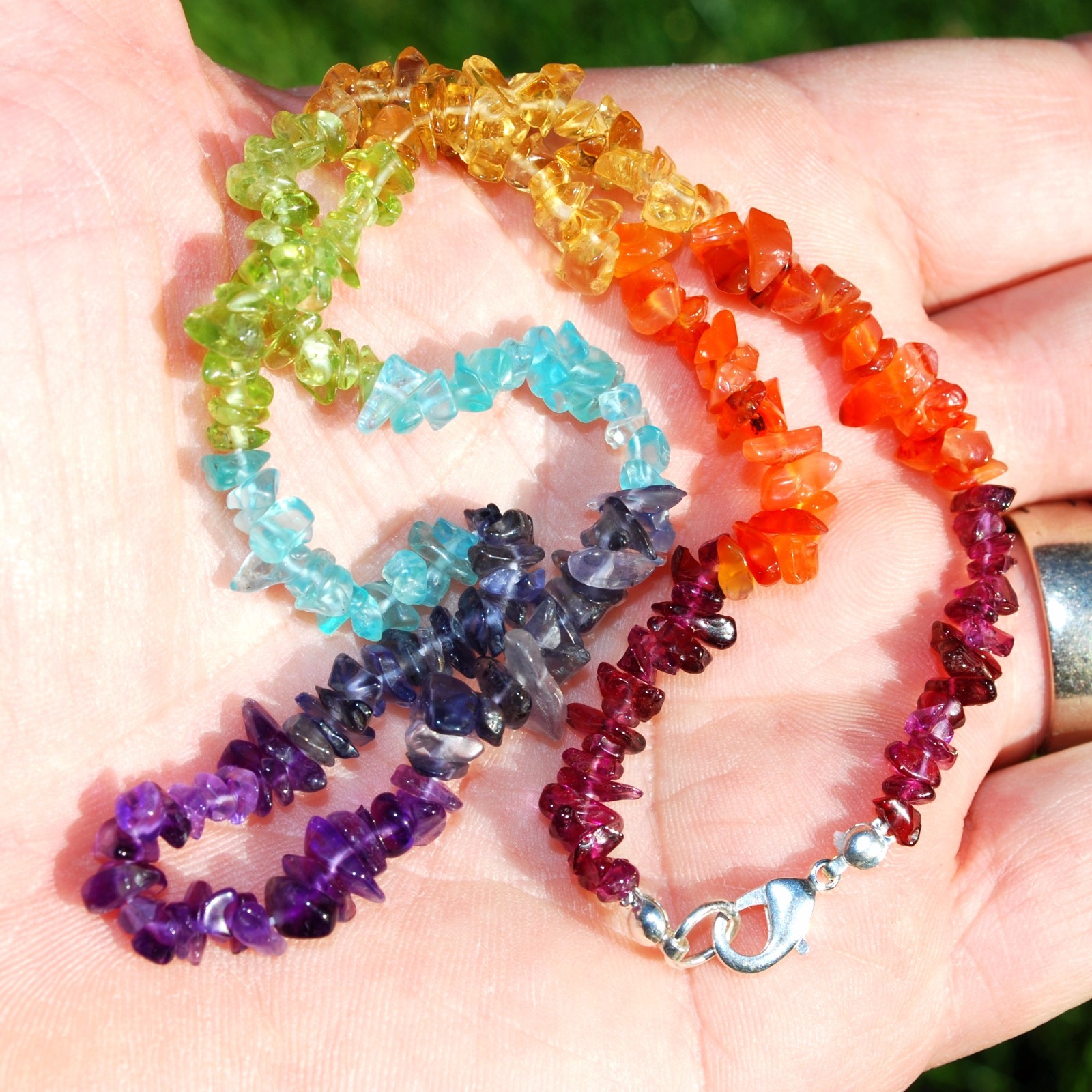 CHARGED 7 Chakra Premium Crystal Chip 18″ Necklace + Baby Selenite Puffy Heart
