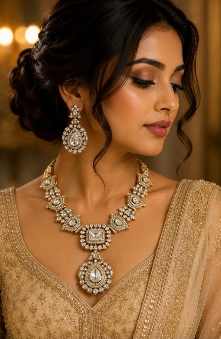 Classy Traditional gold plated cubic zirconia Stone Long Necklace Earring Set
