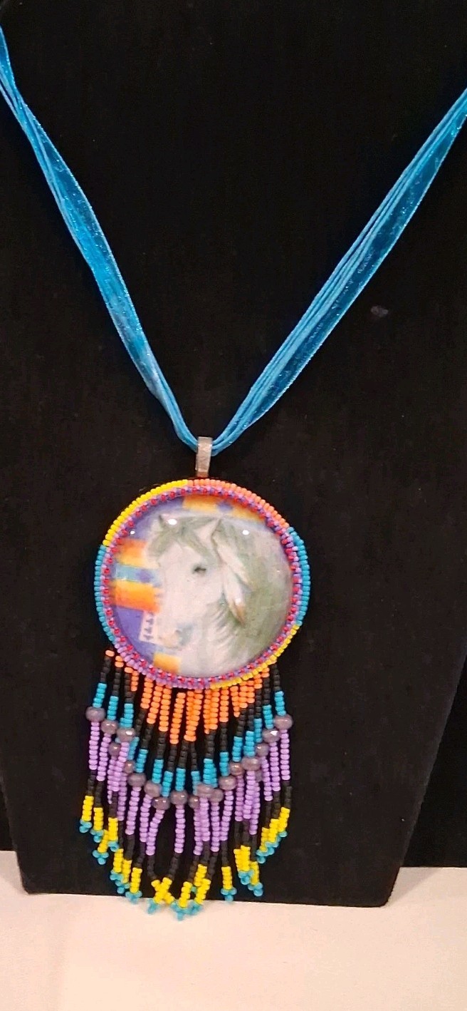Beaded Medallion 16″Necklace With Horse Design: Multicolored Beadwork&2.5″Fringe