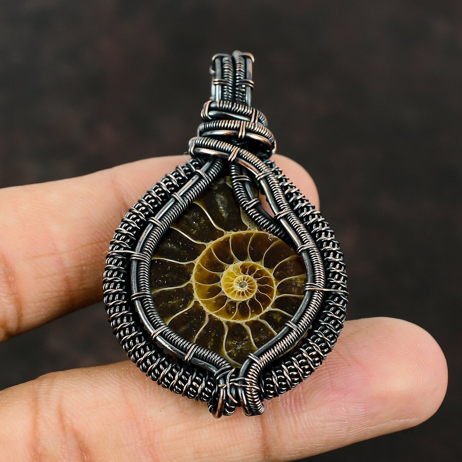 Ammonite Fossil Jewelry Copper Gift For Sister Wire Wrapped Pendant 2.56″