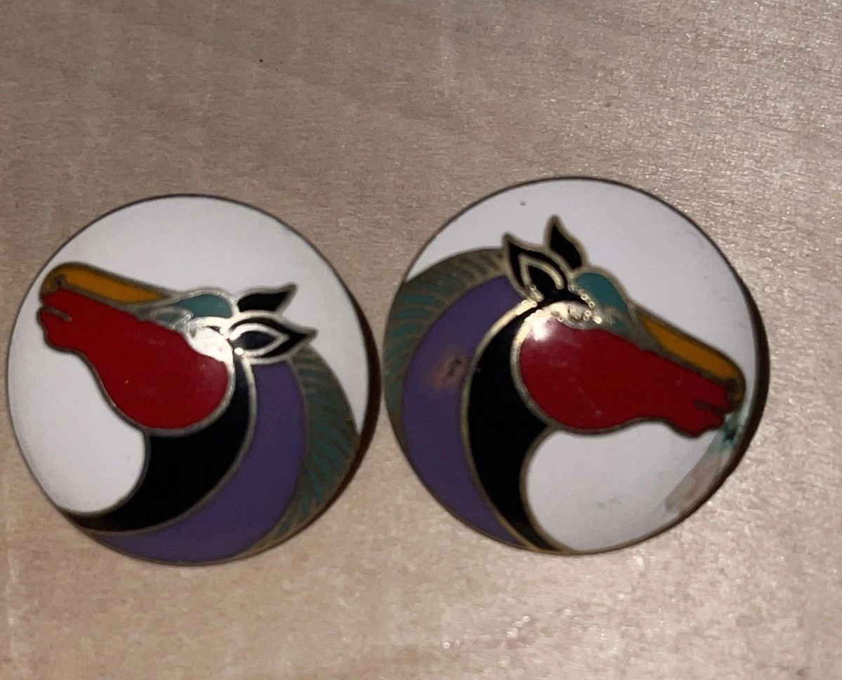 Vintage Laurel Burch Horse Earrings Black Enamel Colorful Mane “Kundus” Pierced