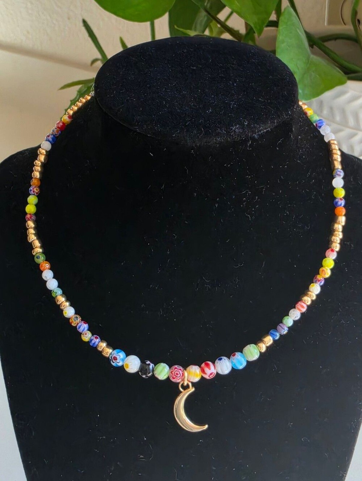 14k Gold Plated Crescent Moon Charm Necklace Multi Color Millefiori Glass Bead