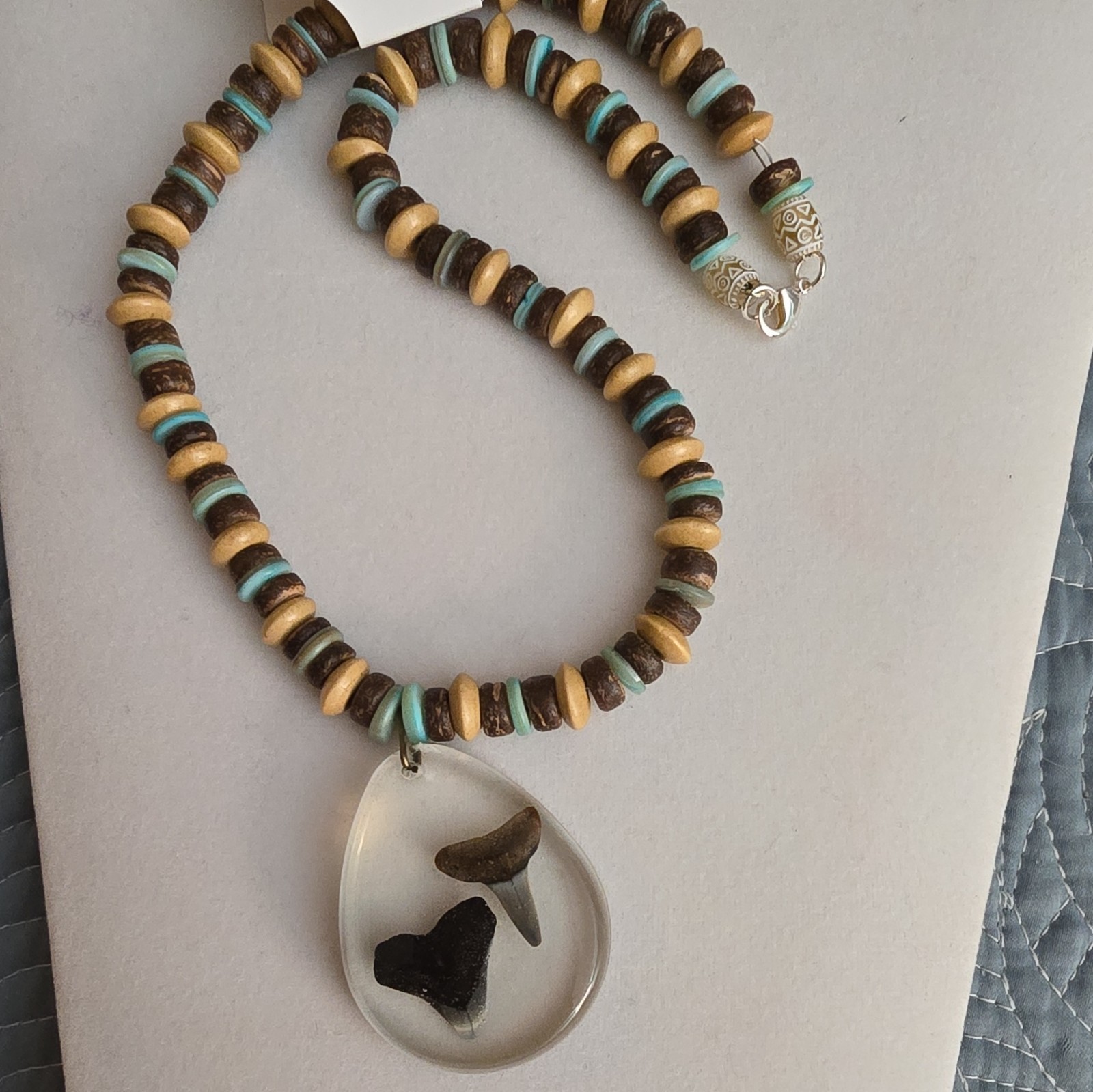 Beaded Necklace Handcrafted Resin Shark Teeth Charm, Wood Glass Beads