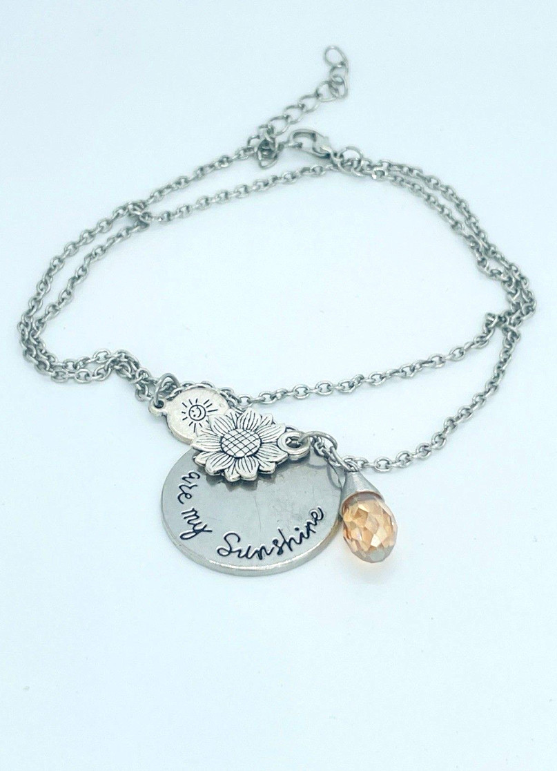 You Are My Sunshine Pendant Necklace Sunflower Peach Crystal Charm 22″