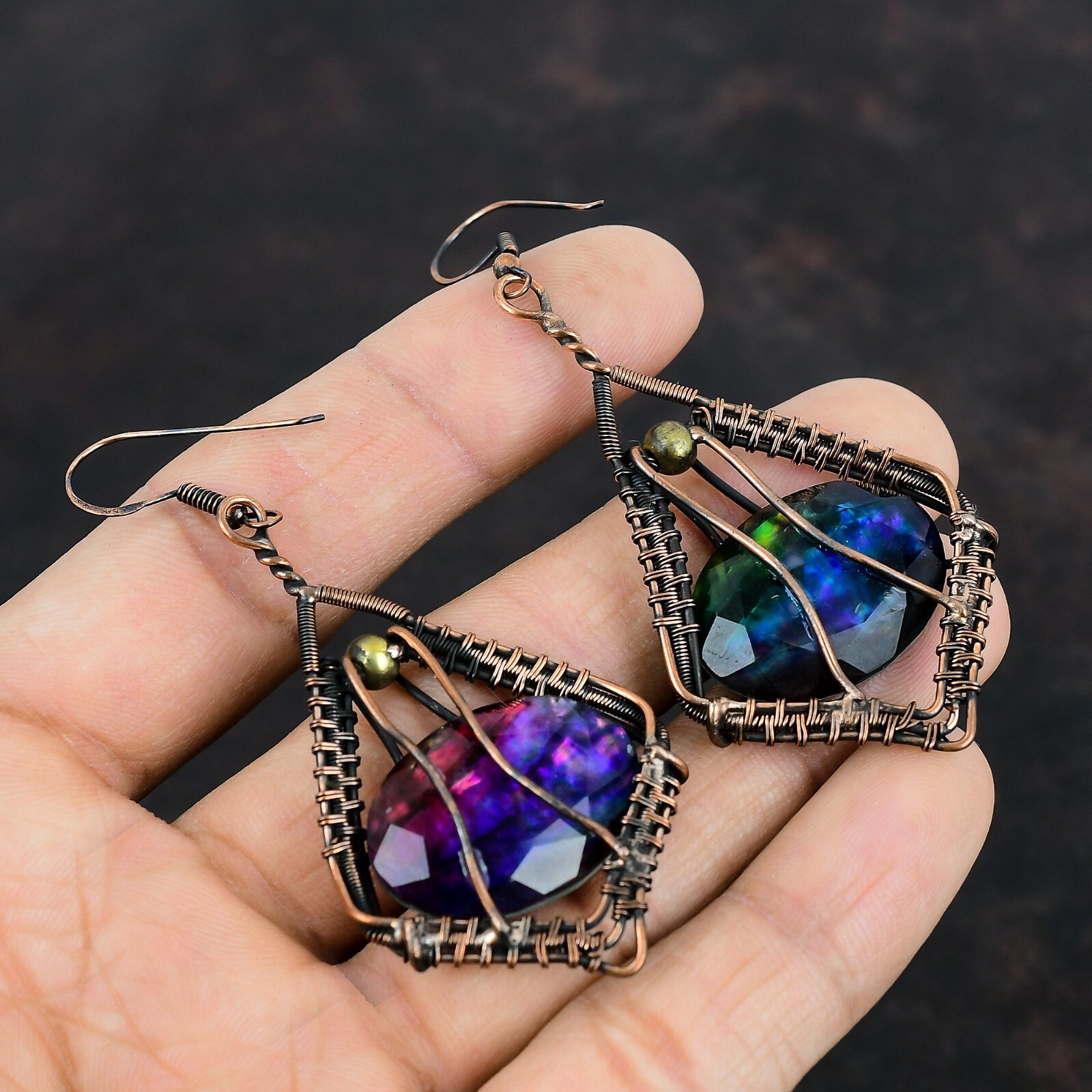 Ammolite Jewelry Copper Mother Gift Wire Wrapped Drop/Dangle Earrings 3.23″