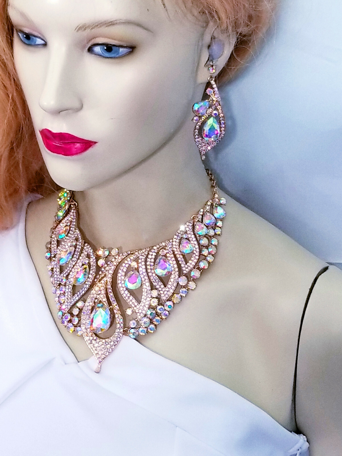 AB Statement Necklace Earring Crystal Rhinestone Bridal Pageant Prom Jewelry