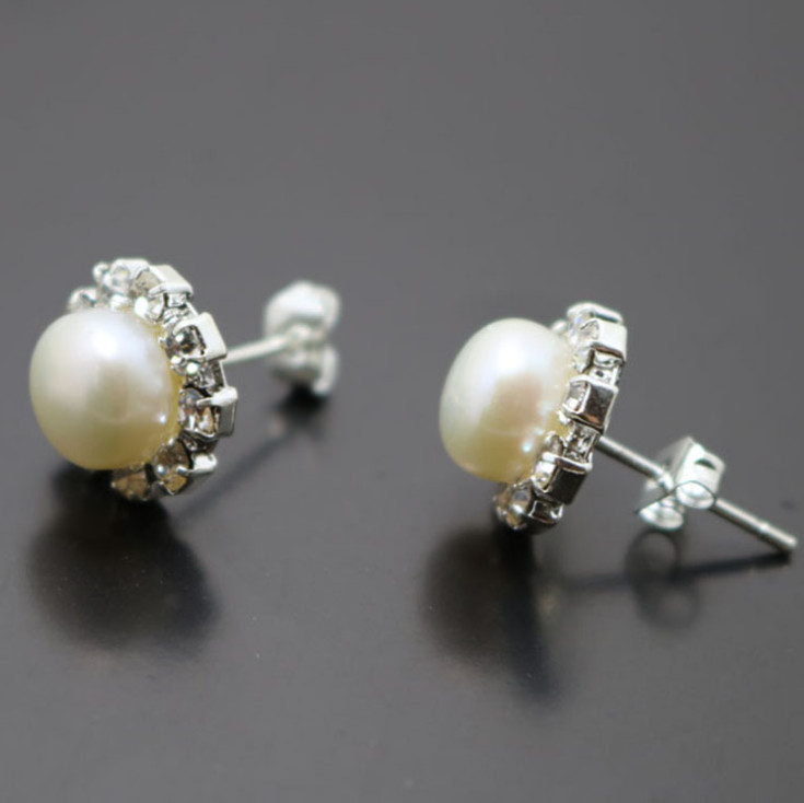 Silver 6-7mm Cultured Freshwater Pearl Flower Crystal Round Stud Earrings Gift