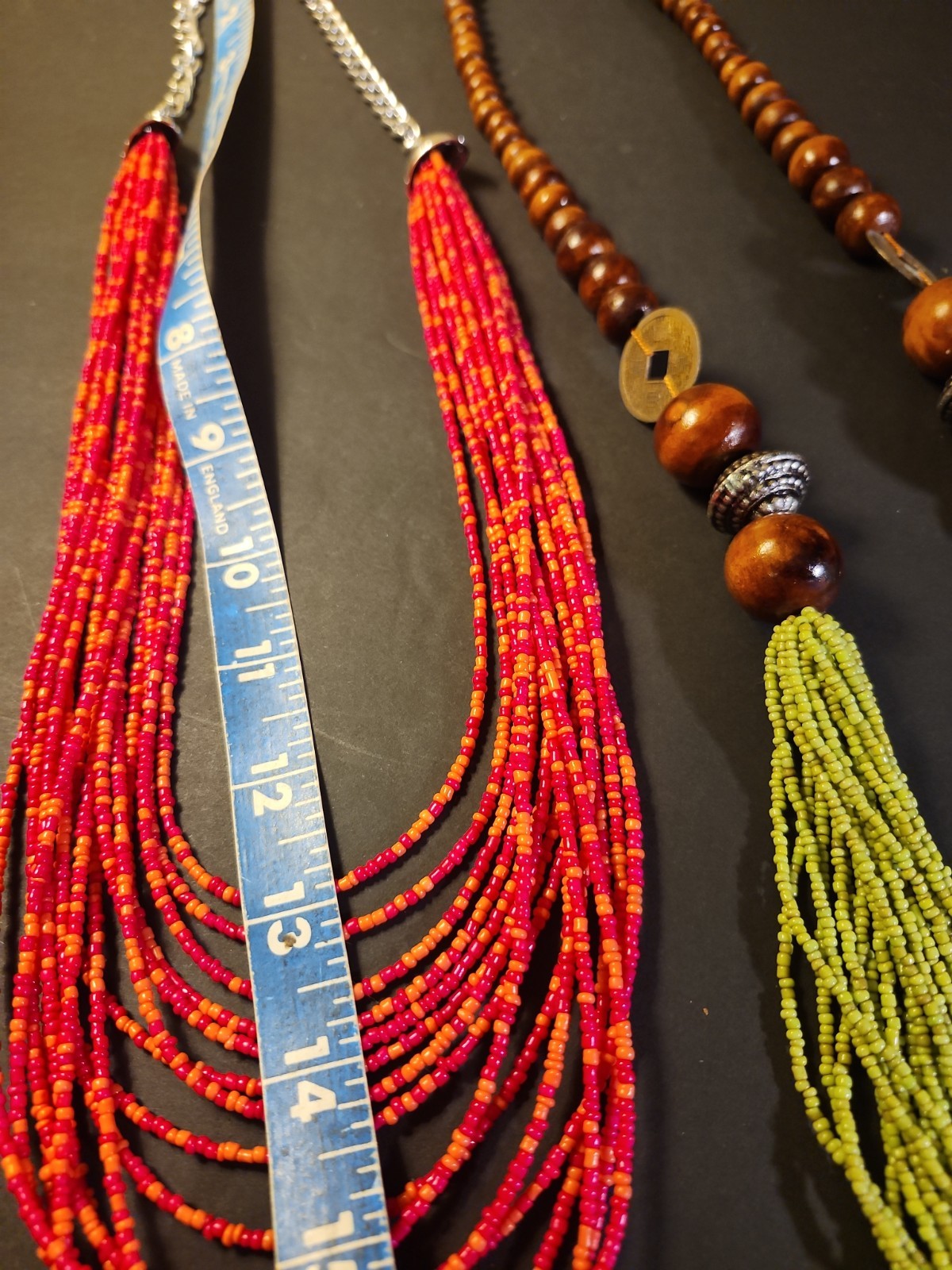 Beaded Long Necklace Statement Green Wood Red Beach Cruise Summer Party
