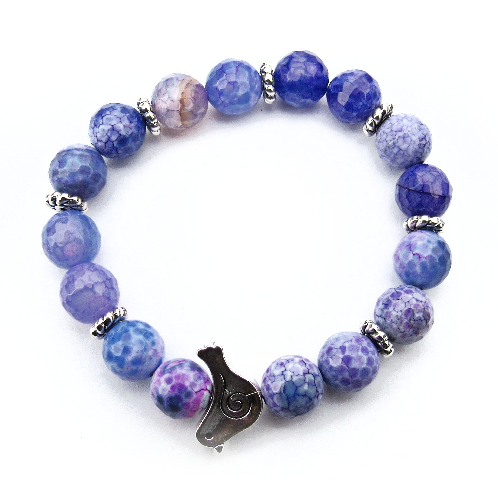 6 Inches Purple Faceted Crackle Fire Agate Stone Stretch Bracelet, Bird Bead