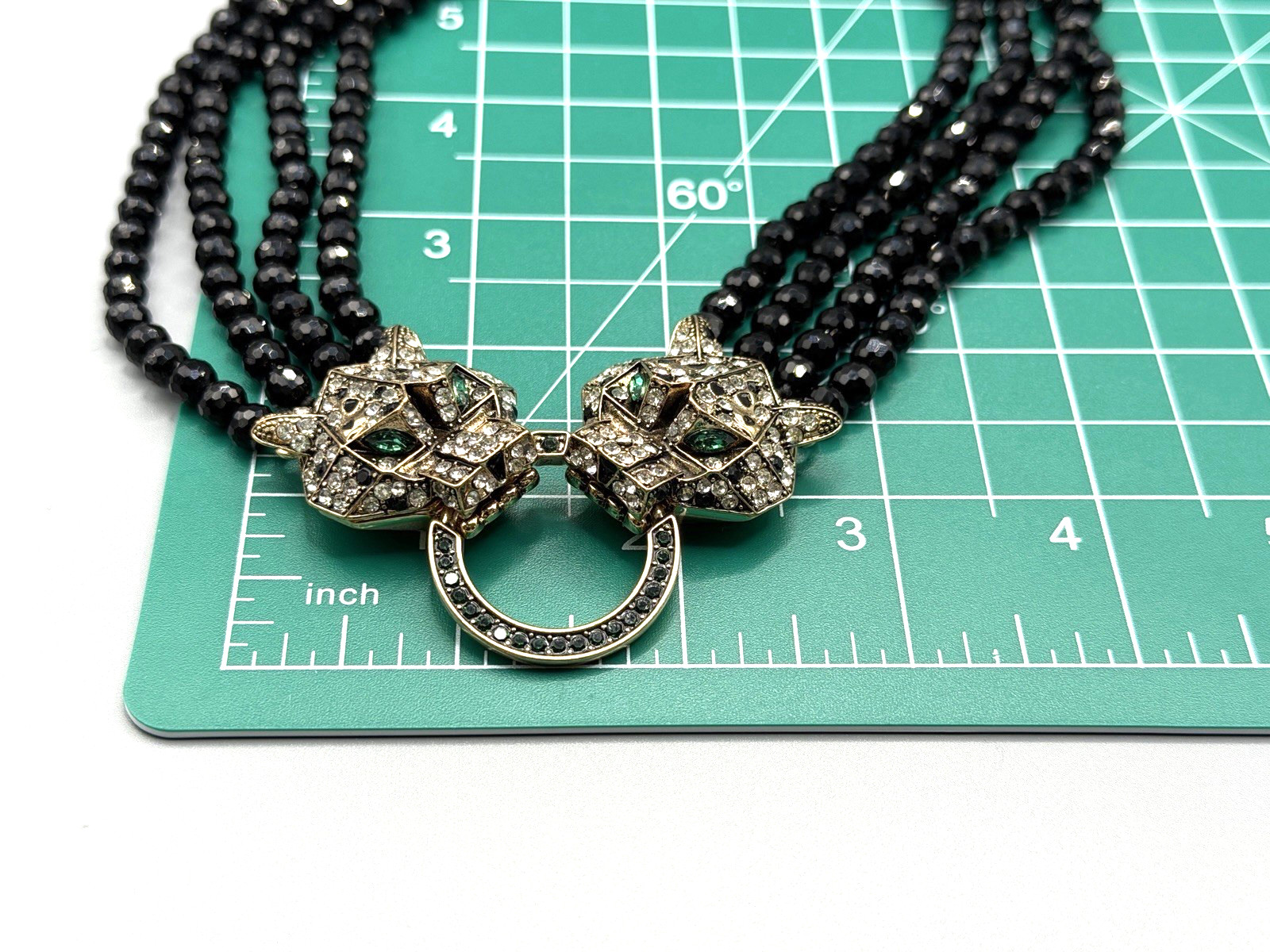 Natasha Double Leopard Panther Head Black Beaded Statement Necklace Rhinestone