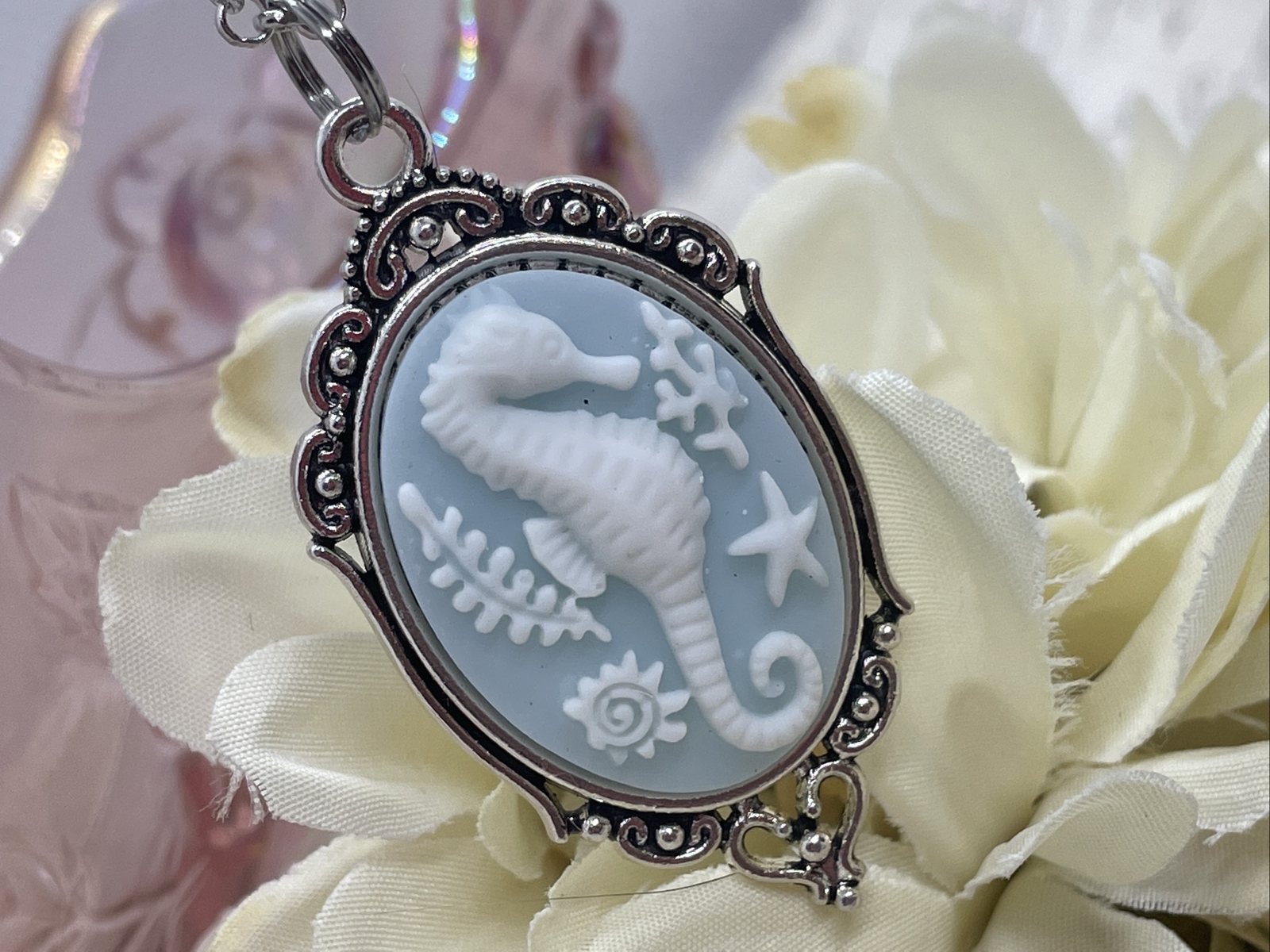 Cameo Necklace Seahorse Sea Horse Fish Prom Nautical Wedding Silver Heart Star