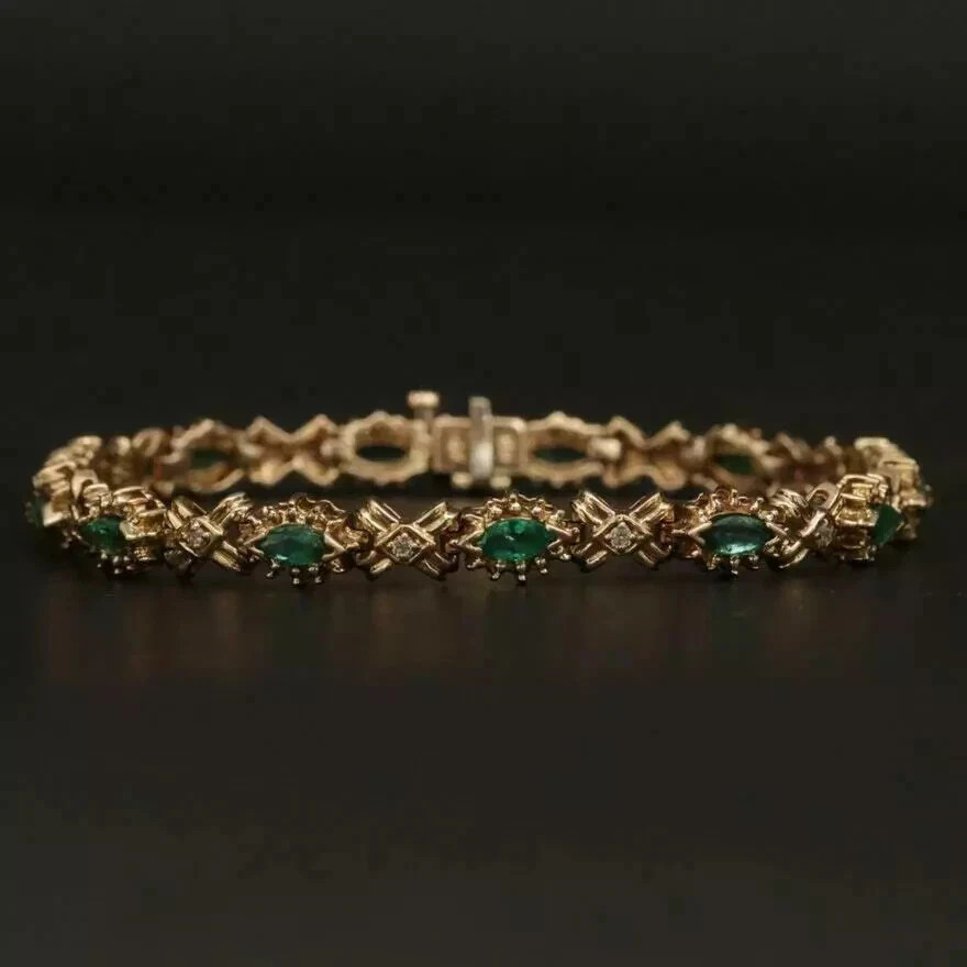 8Ct Marquise Simulated Emerald Women 7.5″ Tennis Bracelet 14k Yellow Gold Plated