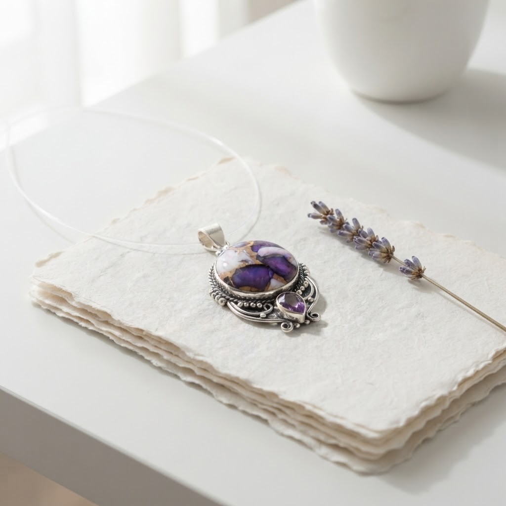925 Sterling Silver Purple Copper Turquoise & Amethyst Pendant Handmade