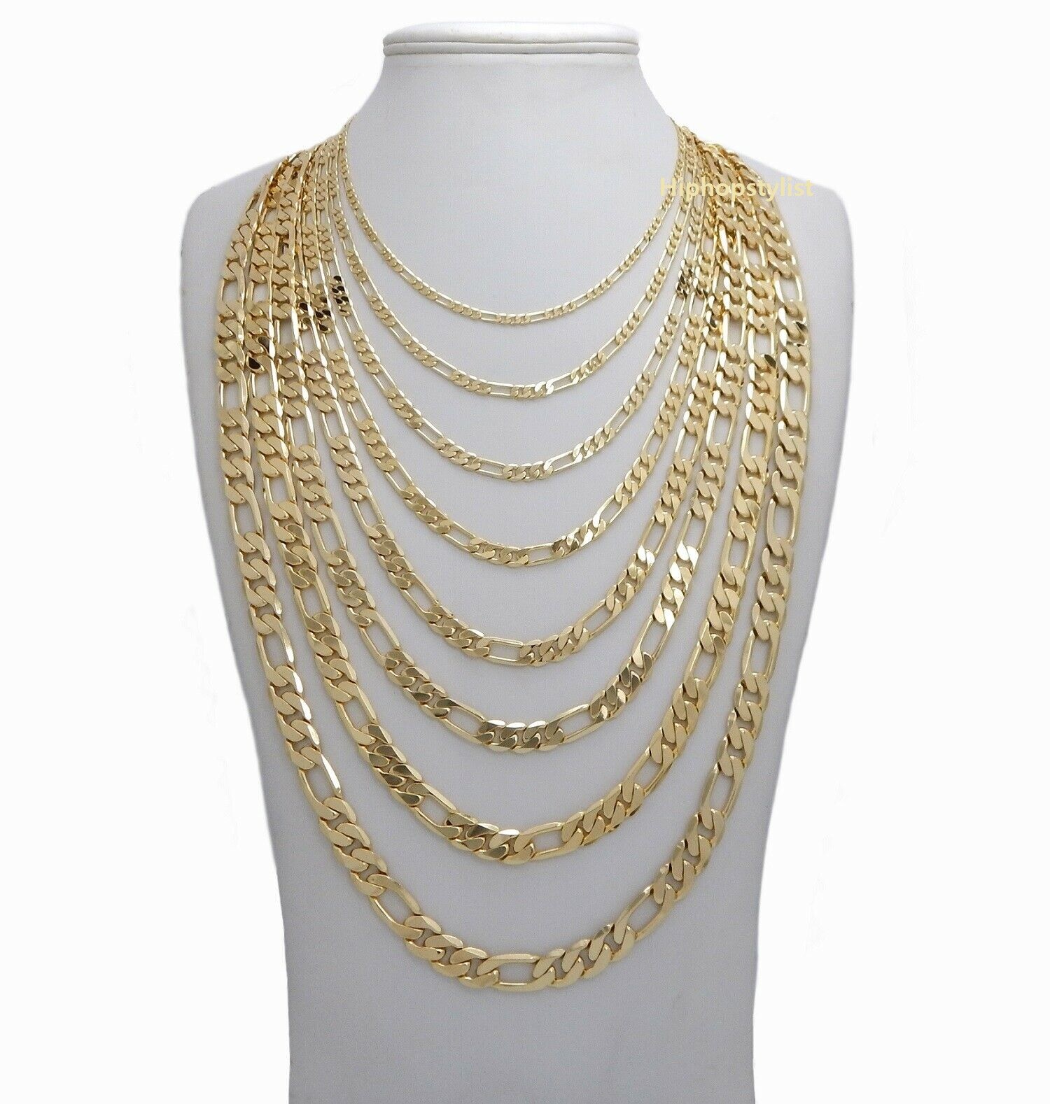 Men’s 14k Italian Figaro Link Chain Necklace & Bracelet 3mm to 10mm Gold Plated