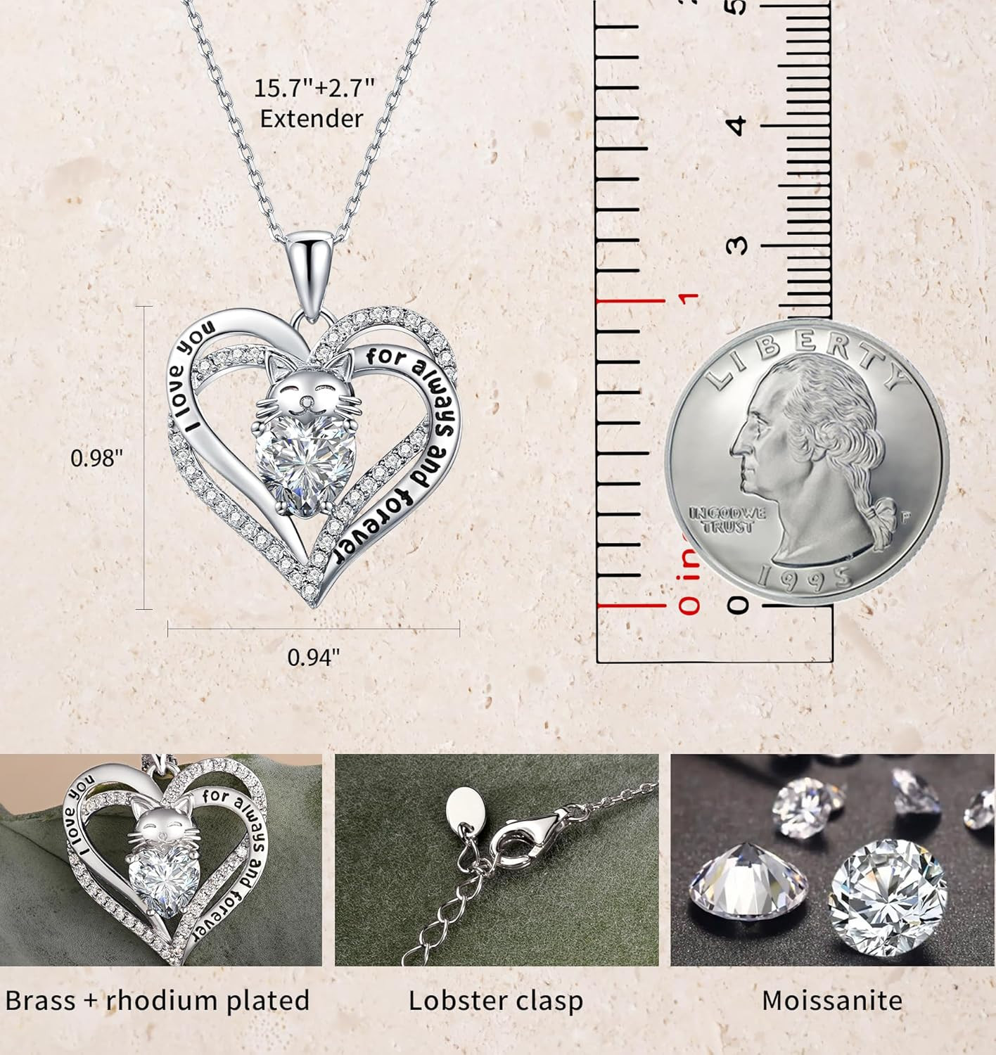 Gold Plated Heart Cross Cat Necklace for Women Cz Diamond Cat Cross Heart Neckla